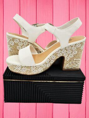 IMPO Olia Wedge Sandals Womens 8.5M Ivory Platform Espadrille Floral Heel Summer